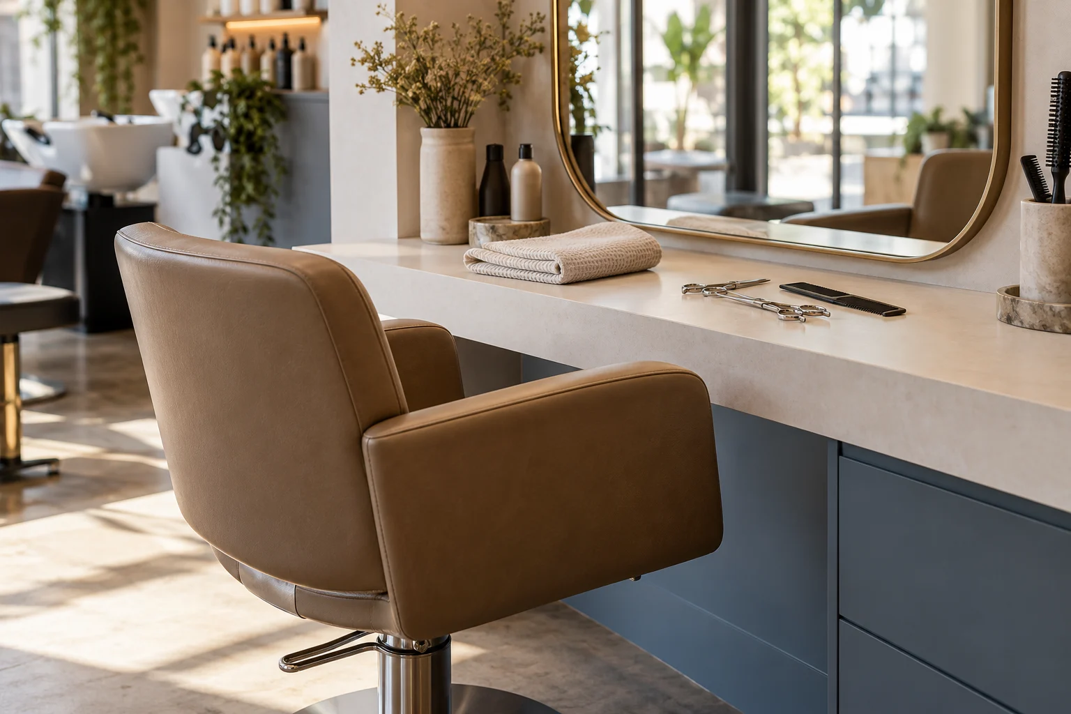Illustrative hair salon detail with professional styling tools and considered finishes